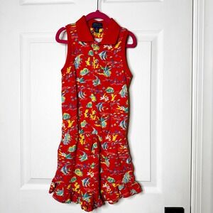 Polo Ralph Lauren Girls Red Tropical Fish Print Sleeveless Romper Size 6X